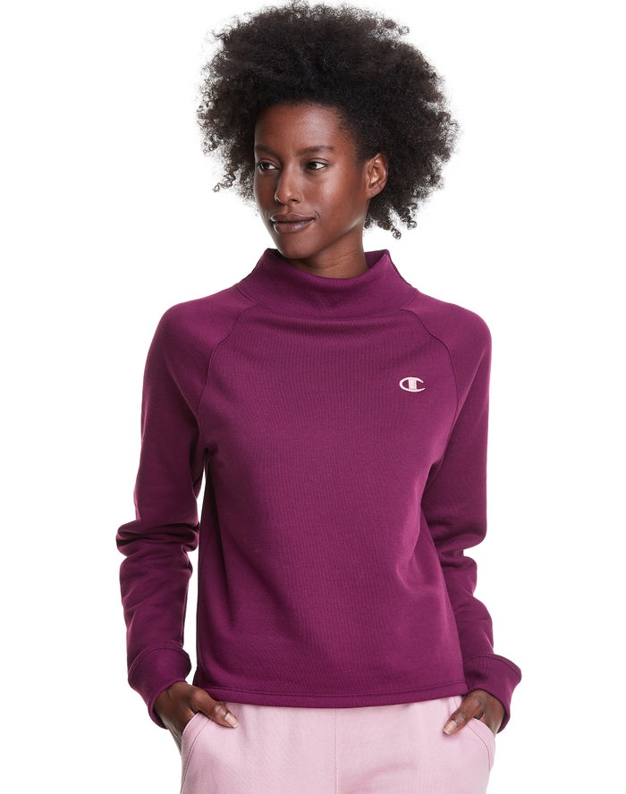 Champion Dame Sweatshirt MørkeLilla - Powerblend Fleece Mock Neck Embroidered Logo - Danmark FLR-835